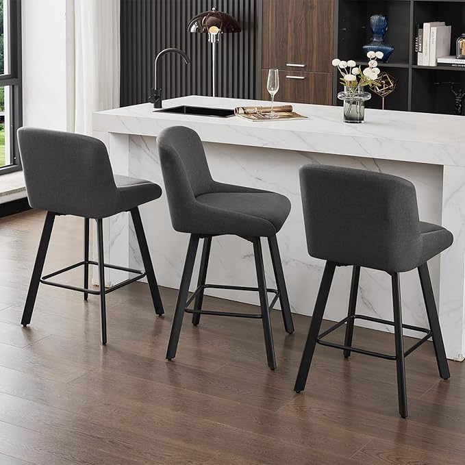 Swivel Counter Height Bar Stools Set of 4, 26''H Upholstered Barstools with Backs, Modern Bar Stool Chairs for Kitchen Island, Metal Legs, Fabric, Black Grey Stools Counter Chair