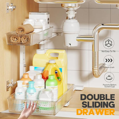 2 Pack Under Sink Organizer, 2-Tier Pull Out Cabinet Organizer, Elegant Acrylic Under Sink Storage Shelf for Kitchen Bathroom Cabinet, L-Shaped Adjustable Height for Maximum Space Efficiency-White