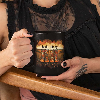 Custom Couple Mug with Floral Boots Design, Personalized Name Coffee Mug 11oz 15oz, Fall Inspired Ceramic Coffee Cup, Custom Autumn Scene Black Cup, Gifts for Boyfriend, Girlfriend