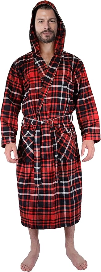 Andrew Scott Mens' Robe with Hoodie| Cotton Flannel Brush Plaid | All Season | Full Length House Robe