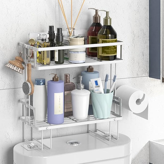 Over The Toilet Storage Shelf, 2-Tier Bathroom Storage Organizer Upgrade Punch-Free Toliet Storage Shelf, Home Storage Rack with Hooks Shelf,White