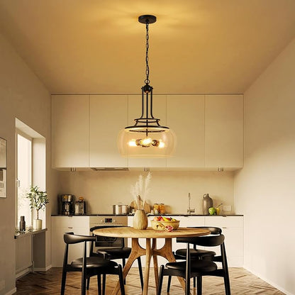 WUZUPS Chandelier Rustic Farmhouse Industrial Round Ceiling Pendant LED Light Fixture Clear Seeded Glass Shade for Dining Room Kitchen Island Foyer Entryway, H 20.9" x W 15.9", Black
