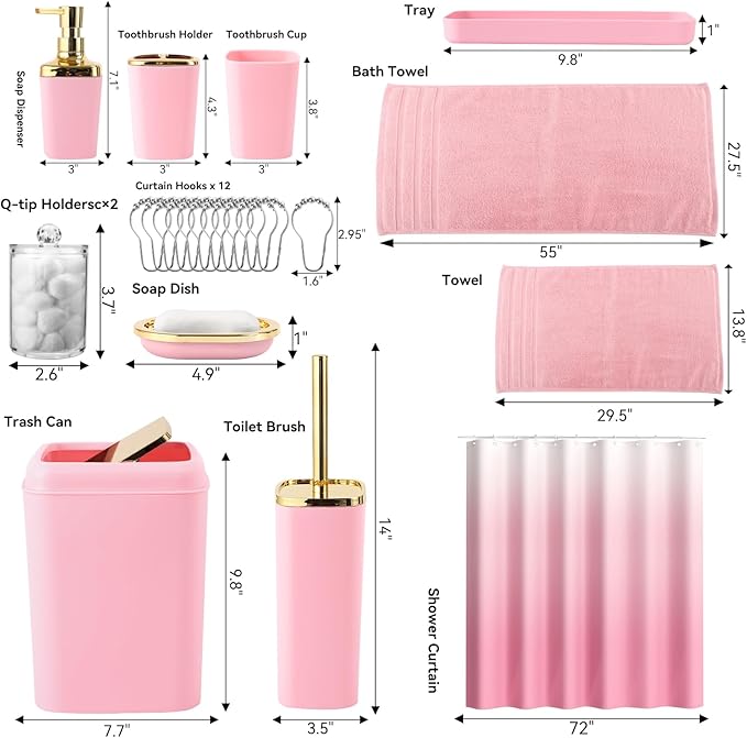 Pink Bathroom Accessories, 24 Pieces Pink and Gold Bathroom Accessories Set with Shower Curtain, Bath Towels, Trash Can, Soap Dispenser and Soap Dish for Bathroom/Housewarming