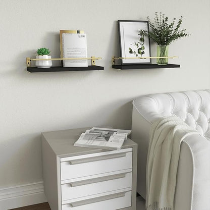 RICHER HOUSE Bathroom Floating Wall Shelf Set of 2 - Guard-Rail Small Wood Shelves for Decor, Over Toilet Storage, Kitchen Organizer - Black Gold