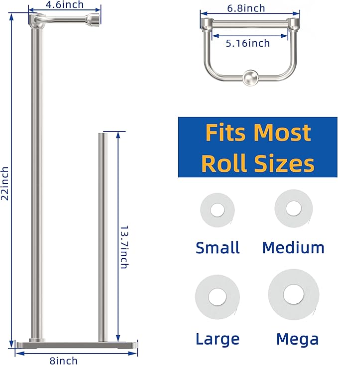 RUACQ Toilet Paper Holder Stand, Bathroom Toilet Paper roll Holder Free Standing with Storage for 4 Rolls, Post Pivoting Design, Stable Weighted Base, SUS304 Stainless Steel (Brushed Nickel)