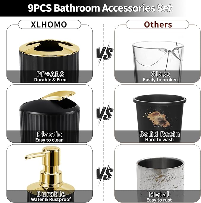9PCS Black and Gold Bathroom Accessories Set Complete with Trash Can, Vanity Tray, Soap Dispenser, Soap Dish, Toothbrush Holder, Toothbrush Cup, Toilet Brush and Qtip Holders