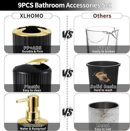 9PCS Black and Gold Bathroom Accessories Set Complete with Trash Can, Vanity Tray, Soap Dispenser, Soap Dish, Toothbrush Holder, Toothbrush Cup, Toilet Brush and Qtip Holders