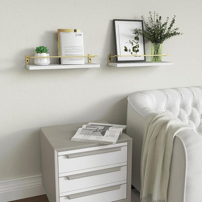 RICHER HOUSE Bathroom Shelves, Small Floating Wall Shelf for Bathroom Decor, Wall Mounted Wood Shelves, Bathroom Organizer Over Toilet Storage, Guard-Rail Kitchen Shelves Set of 2 - White Gold