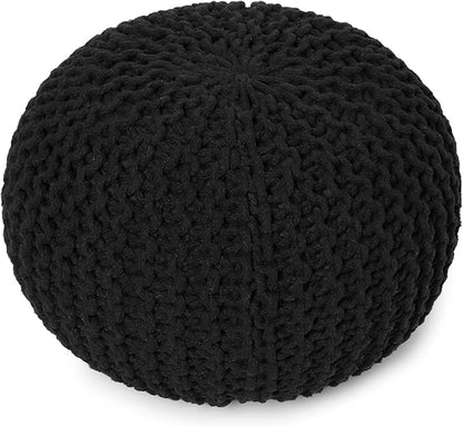 REDEARTH Round Pouf Foot Stool Ottoman - Hand Knitted Bean Bag - Cord Boho Pouffe - Cable Poof Footrest for Living Room - Nursery - Bedroom - Patio - 100% Cotton - Home Decor (19.5"x19.5"x14") - Black