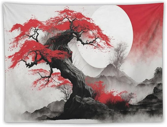 Cherry Blossoms Tapestry, Japanese Red Landscape Asian Watercolor Abstract Art, Bedroom Living Room Decor 90"x60"
