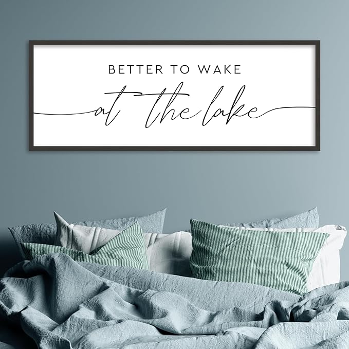 SRSZHIYUE Better To Wake At The Lake Wall Decor Above Bed Sign 40"×15" for Lake House Bedroom Over Bed Large Wood Framed Wall Hanging Art (Black)