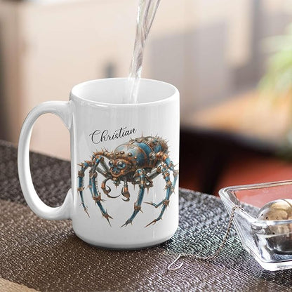 Personalized Steampunk Insect Mug, Customizable Name Mechanical Character Coffee Cup 11oz, Unique Cyberpunk Design Ceramic Mug, Customized White Cup Gift For Sci-Fi Enthusiasts