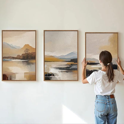 Tinonedraw Beige Mountain Landscape Framed Canvas Wall Art, Abstract Mid Century Modern Wall Decor, Golden Hour Lake Artwork, Neutral Nature Scenery Art Printing for Living Room Bedroom Office 16"x24"x3