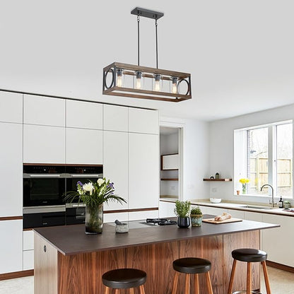 XINGQI Rectangle Chandeliers 31.5" Farmhouse Kitchen Island Lighting Fixture Over Table Modern Vintage Linear Hanging 4-Light for Dining Room Living Room Black Wood Grain Finish with Glass Lampshade