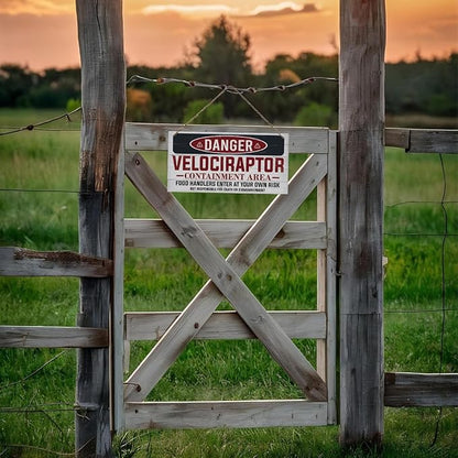 Warning Velociraptor Containment Area Sign, Danger Dinosaur Park Decor, Decorative Hanging Wood Plaque, Farmhouse Indoor Outdoor Decor, Door Gate Hanger, Novelty Sign