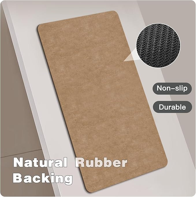 Bathroom Mat Quick Dry, Bathroom Rugs Non Slip Washable Thin Absorbent Bath Mat Fits Under Door Bathroom Floor Mat Perfect for Bath, Shower, or Sink 12"x12" Camel