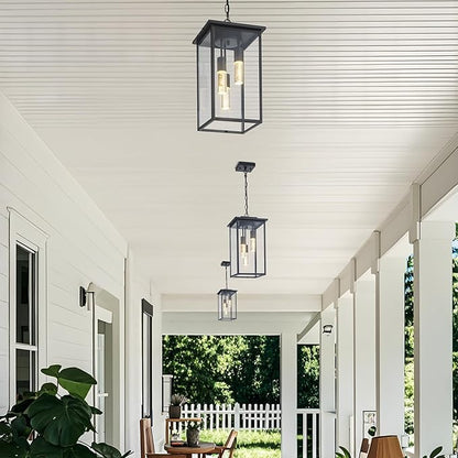 3-Color LED Outdoor Pendant Light with Remote, 3-Light 19" Large Outdoor Chandelier for Porch, Black Exterior Pendant Lighting Fixture Ceiling Mount Pendant Lantern for Patio Front Door