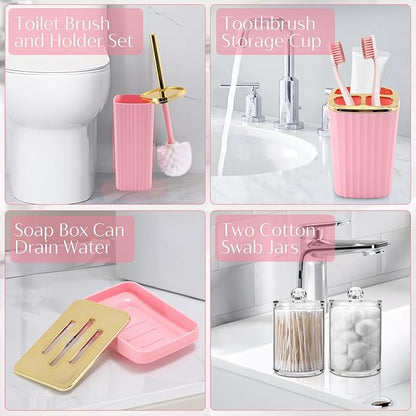 17PCS Bathroom Accessory Set Pink Bathroom Set Bathroom Accessories,Toilet Brush, Trash Can, Qtip Holder Dispenser& 3PCS Soap Dispenser