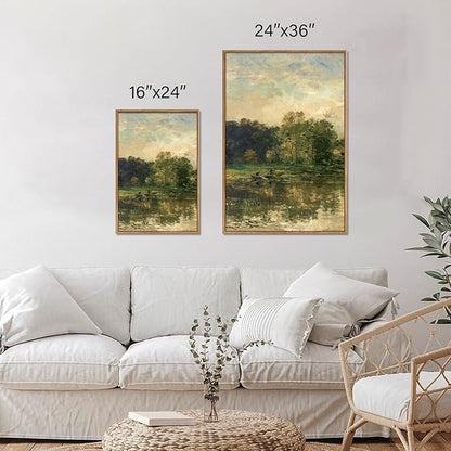 Tinonedraw Vintage Nature Framed Canvas Wall Art Set of 3, French Country Wall Decor, Olive Green Trees Art Paintings, Rustic Landscape Farmhouse Art Prints for Living Room Bedroom Office 24"x36"x3