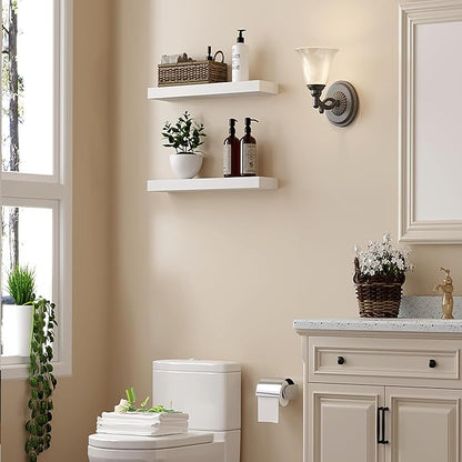 BGMG Wood Floating Shelves 16 inch Set of 2, Rustic Wooden Wall Mount Shelves for Bathroom Living Room Bedroom Kitchen Farmhouse -16x 6.7 x1.25 inch- White