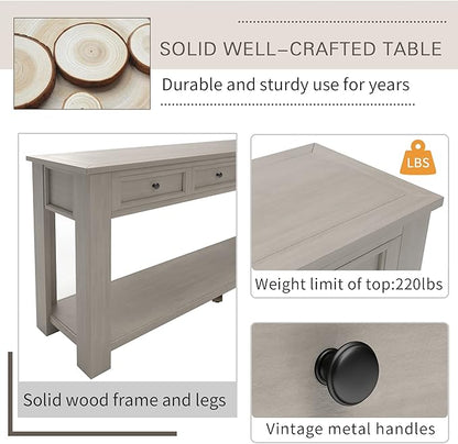 Solid Wood Console Table,Long Sofa Table Entryway Table with 4 Drawers and Bottom Shelf for Hallway Living Room Couch Table,Fully Assembled (63" Gray Wash)