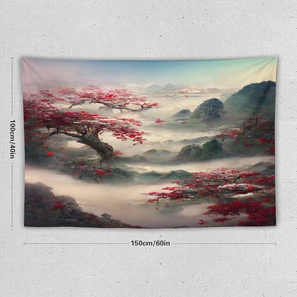 Japanese Tapestry, Red Plum Cherry Blossom Mountain, Asian Wall Art, Nature Landscape for Bedroom & Living Room Decor, 60"x40"