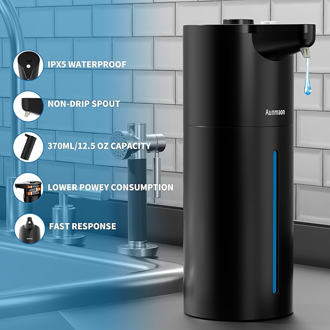 Automatic Soap Dispenser Touchless, Hands-Free, Multi Adjustable Volume, Long Battery Life, Compatible with Thick & Thin Dish/Hand Soap for Bathroom and Kitchen, Easy for Toddlers, Black