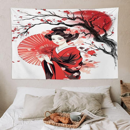 Japanese Red Geisha Tapestry Asian Cherry Blossom Traditional Kimono Folk Tapestries Home Decor for Living Room Bedroom Apartment Farmhouse Dorm 60"x40"