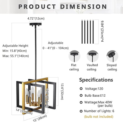 ANKYLHUA Black Gold Chandelier,6-Lights Ceiling Light Fixture E12,Adjustable Hight Pendant Lights Kitchen Island,Chandeliers for Dining Room,Bedroom,Entryway,Foyer