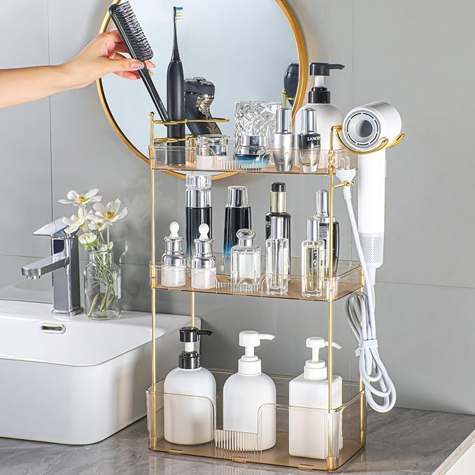 Bathroom Counter Organizer with Hair Dryer Holder, Hair Tool Countertop Storage, Cosmetics Skincare Shelf Organizer, Makeup Organizer Perfume for Dresser Vanity Tray(3 Tier-Gold)