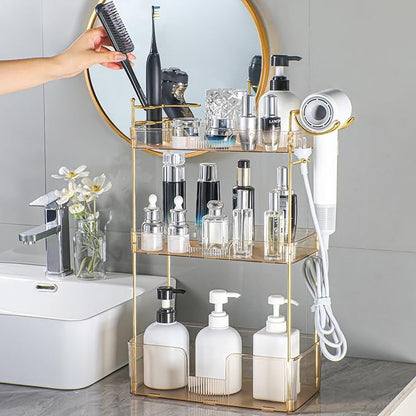 Bathroom Counter Organizer with Hair Dryer Holder, Hair Tool Countertop Storage, Cosmetics Skincare Shelf Organizer, Makeup Organizer Perfume for Dresser Vanity Tray(3 Tier-Gold)