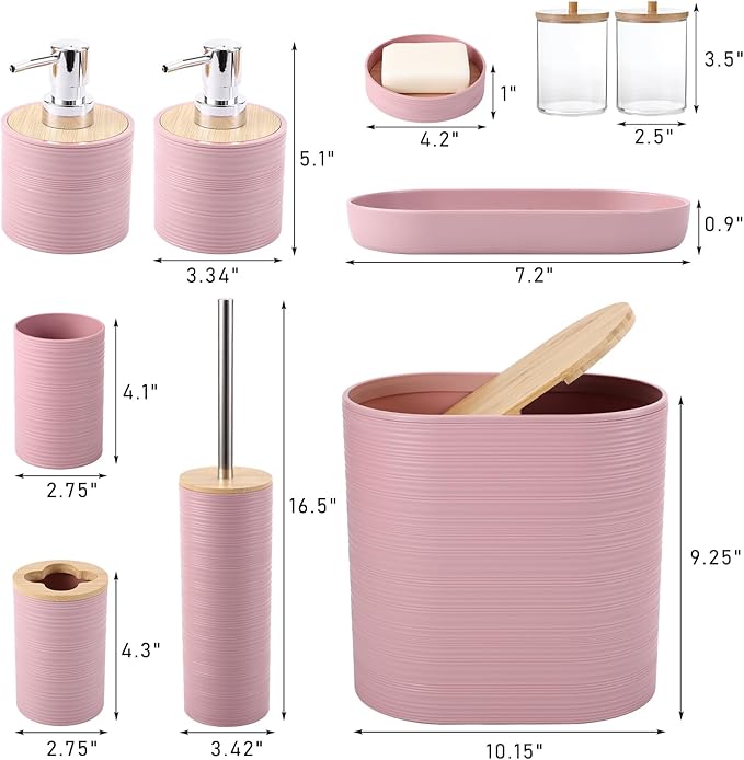 Pink Bathroom Set, Pink Bathroom Accessories Set with Trash Can, 2PCS Soap Dispensers, Soap Dish, Toothbrush Holder, Toothbrush Cup,Toilet Brush, Tray and Qtip Holders for Bathroom Decor