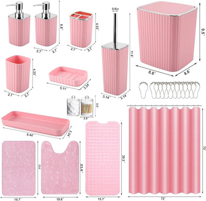26PC Bathroom Accessories Set - Gorgeous Pink Bathroom Set, Bathroom Accessory Set, Pink Shower Curtain Set with Bathtub Mats for Shower Tub
