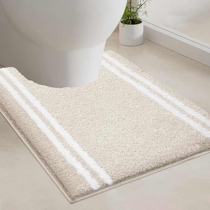PURRUGS Bathroom Rug Non-Slip Machine Washable 20" x 24" U-Shaped, Super Absorbent and Quick Dry Shaggy Microfiber Bath Mat, Extra Soft and Plush Contour Rug for Toilet Base, Beige