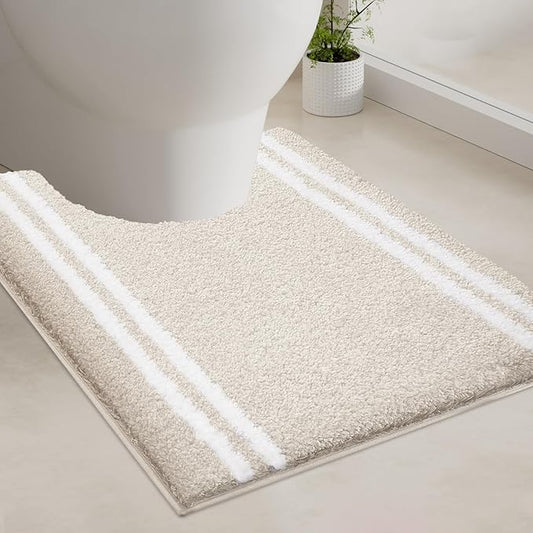 PURRUGS Bathroom Rug Non-Slip Machine Washable 20" x 24" U-Shaped, Super Absorbent and Quick Dry Shaggy Microfiber Bath Mat, Extra Soft and Plush Contour Rug for Toilet Base, Beige