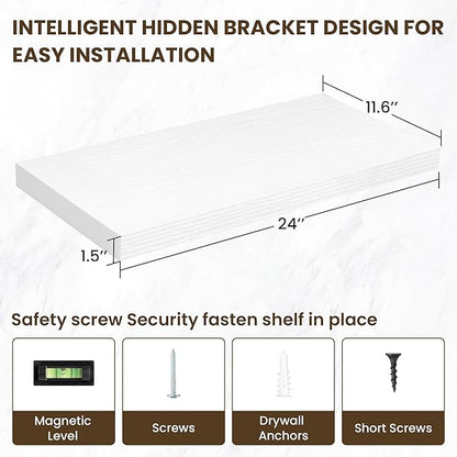 24 Inch Floating Shelves, 12 Inch Deep Floating Shelves for Wall, Floating Shelf with Invisible Brackets, Deep Shelves for Bathroom, Bedroom, Living Room, 2 Pack, White
