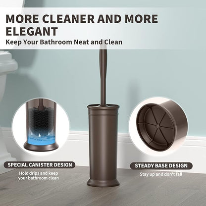 Toilet Brush and Holder 2 Pack, Toilet Bowl Brush with Extra Long Handle, Toilet Scrubber and Covered Holder, Toilet Brushes for Bathroom-Space Saving, Covered Brush, Durable, Deep Cleaning(Bronze)
