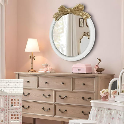 26x26 inch Bow Antique Mirrors for Wall, Round White and Gold Decorative Wall Mounted Mirror, Circle Antique Mirrors Suitable for Bedroom, Hallway, Living Room Decoration, Bathroom Sink