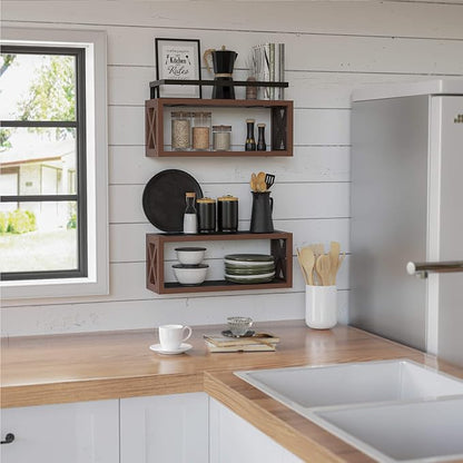 RICHER HOUSE Floating Wood Shelves with Guardrail, Rustic Brown, Wall Mounted, 2 Shelves, Farmhouse Style