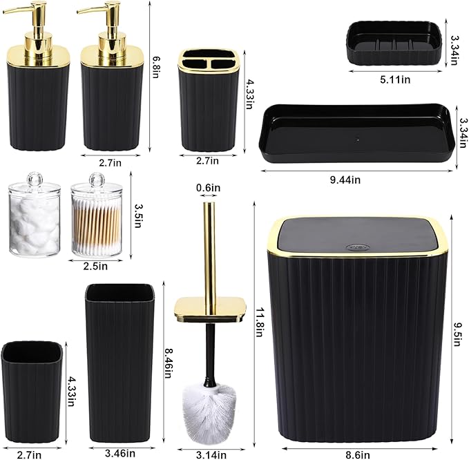 Bathroom Accessories Set - Gorgeous Bathroom Set, 10PC Bathroom Accessory Set, Toilet Brush, Trash Can, Qtip Holder Dispenser & Soap Dispenser