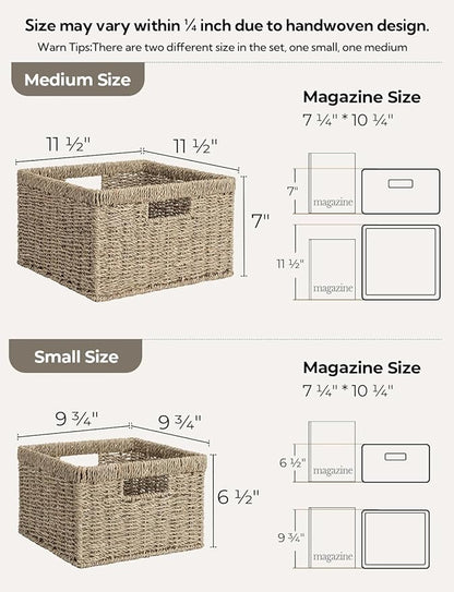 StorageWorks Wicker Storage Baskets, Large and Small Baskets, Handwoven Seagrass Basket for Organizing, Decorative Wicker Baskets with Built-in Handles, Set of 2