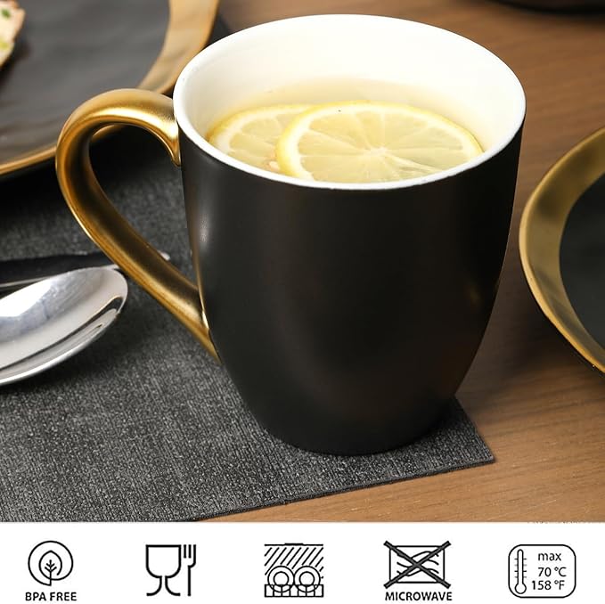 vicrays Coffee Mug Set, 11 Ounce, Set of 6, Ceramic Mug for Men, Women, Unique Glazed Mugs with Handle for Coffee, Tea, Milk, Cocoa, Cereal(Black with Golden)