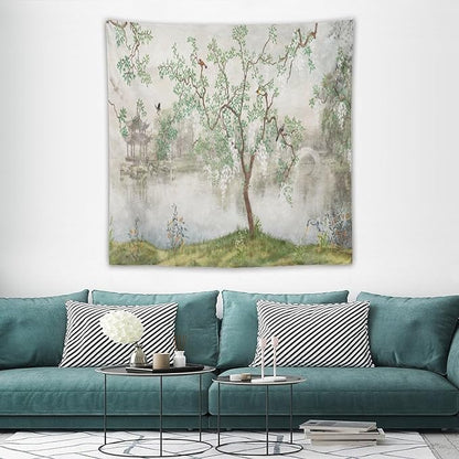 HZOHNAGO Japanese Tapestry Tree Misty Garden Lake Printed Wall Tapestry Ink Painting Wall Hanging for Bedroom Living Room Dorm 60" W x 60" H