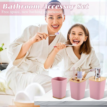 Pink Bathroom Accessories, Bathroom Accessories Set with Trash Can, Soap Dispenser, Toothbrush Holder, Toothbrush Cup, Soap Dish, Toilet Brush, Tray and Q-tip Holders for Housewarming