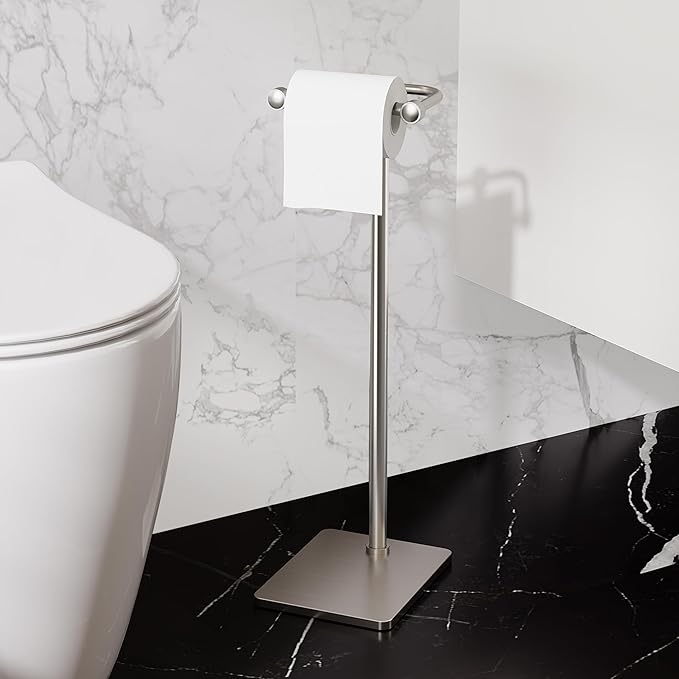 RUACQ Toilet Paper Holder Stand, Bathroom Toilet Paper Roll Holder Free Standing, Toilet Tissue Holder Stand with Post Pivoting Design, Stable Weighted Base, SUS304 Stainless Steel (Brushed Nickel)