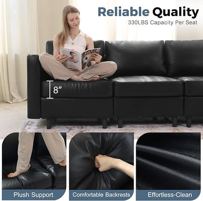 118.5" Faux Leather Modular Sectional Sofa, L Shaped Couch Set for Living Room, 7-Seater Comfy Cloud Couches with Storage Seat Black