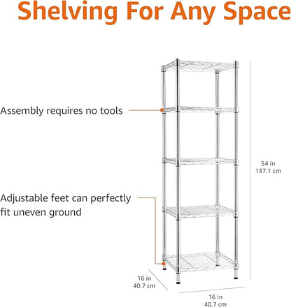 Amazon Basics 5-Shelf Tower Adjustable Storage Shelving Unit, Chrome, 16 D x 16 W x 54 H in