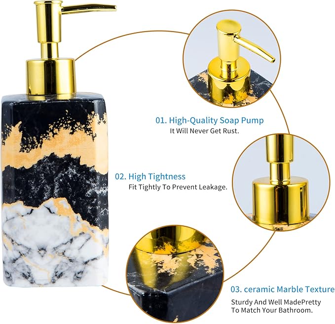 4 Piece Bathroom Accessories Set - Black and White Includes Lotion Dispenser, Toothbrush Holder Tumbler, and Soap Dish - Glossy Finish (Marble, Black, and White)