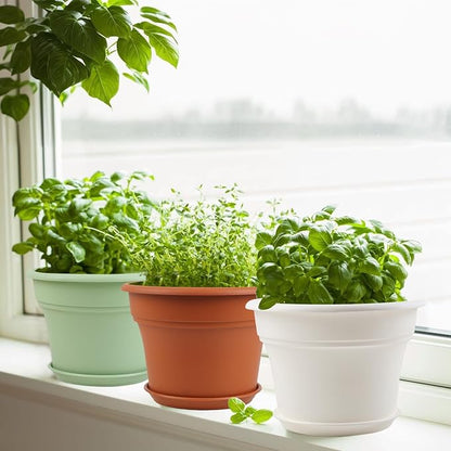 8 Inch Plastic-Flower Pot-for-Indoor Plants, 4 Pack Large Outdoor Planter Pot with Drainage Holes & Saucers, Resin Decorative Garden Pots Planters