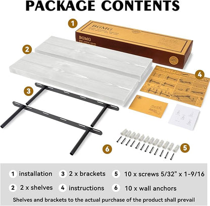 BGMG Wood Floating Shelves 24 inch Long,Rustic Solid Wooden Deep Wall Shelves for Bathroom Living Room Bedroom Kitchen Farmhouse Set of 2-24x6.7x1.25 inch-White